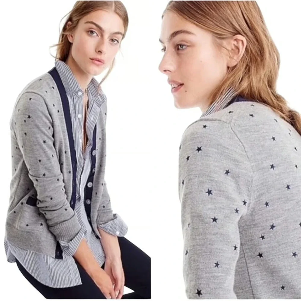 J.Crew Cardigan Small Harlow Star Blue Cardigan Merino Wool Blend Pocket Sweater